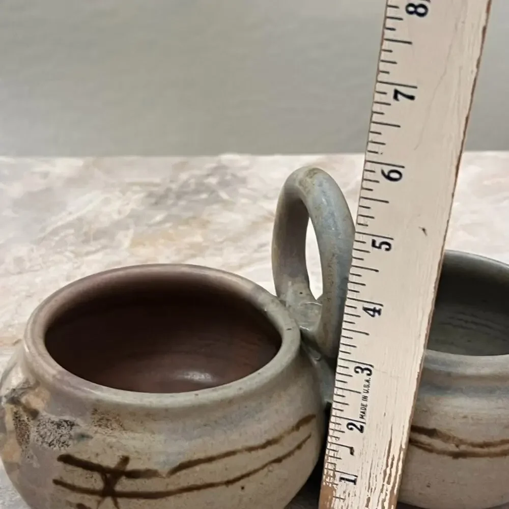 Studio Art Pottery Two Bowl Condiment Dish With Handle Stoneware Muted Colors